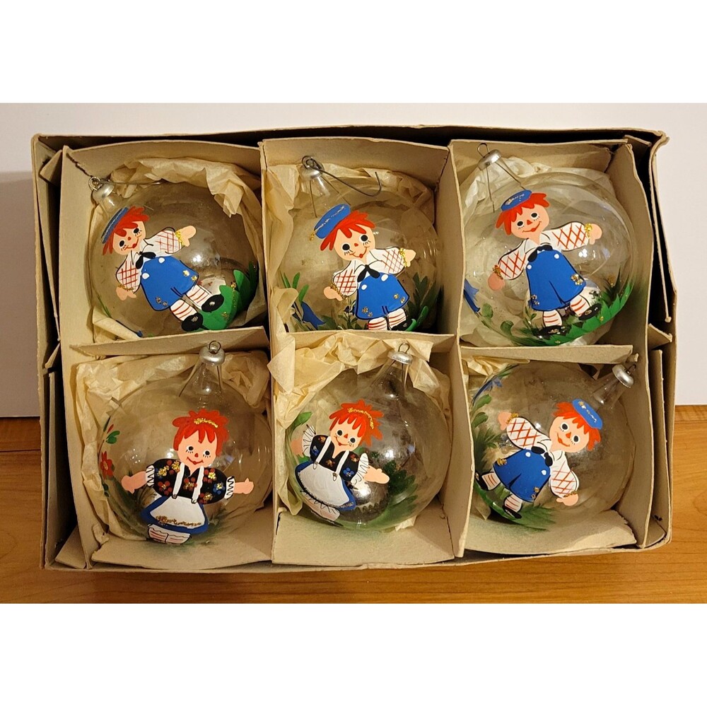Rare Mid-Century Inarco Italy Hand-Painted Raggedy Ann/Andy Glass Ornaments